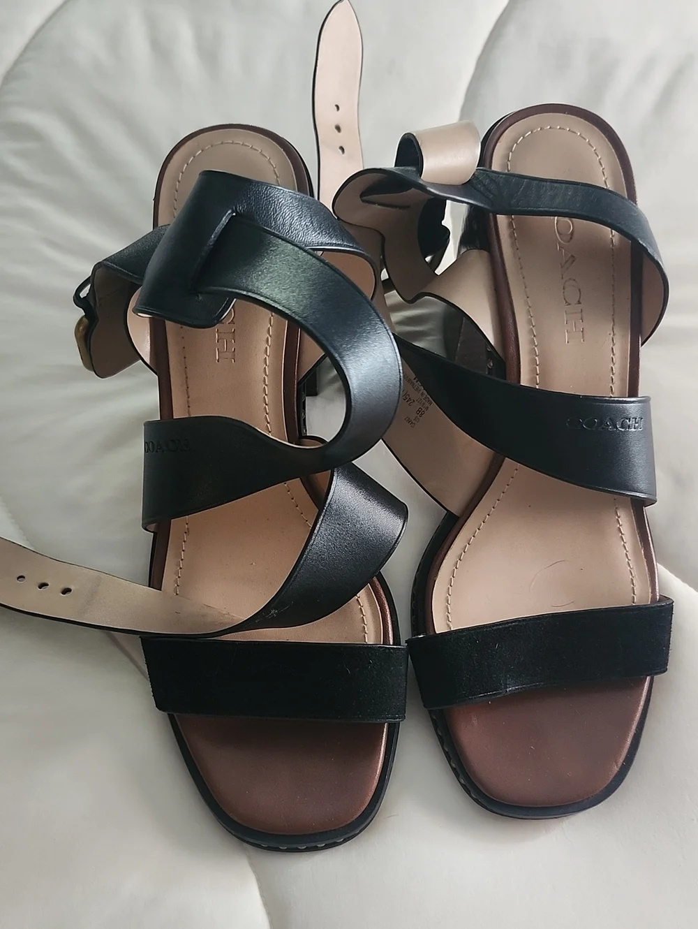 Coach Mandy Black and Tan Leather Strappy Sandals